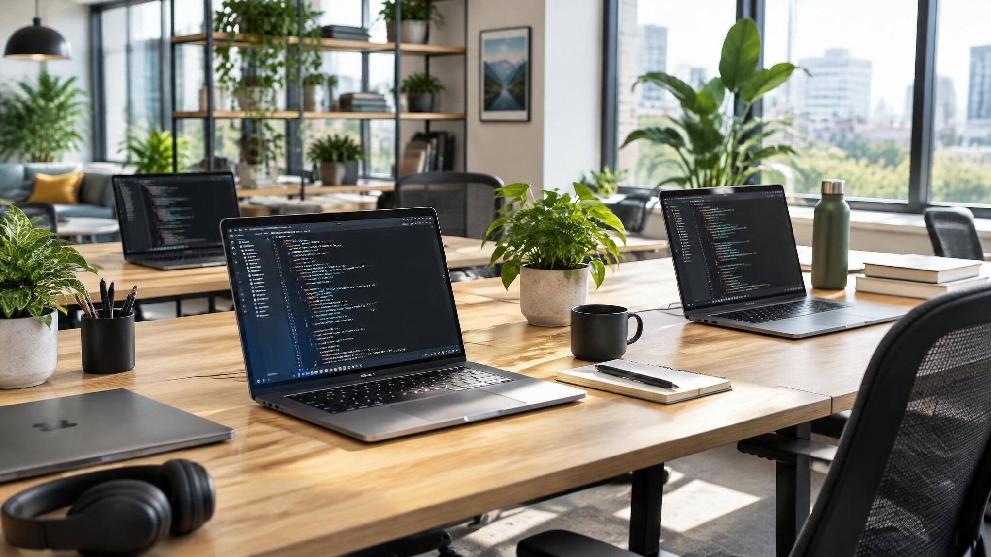 Modern workspace with multiple laptops showing code