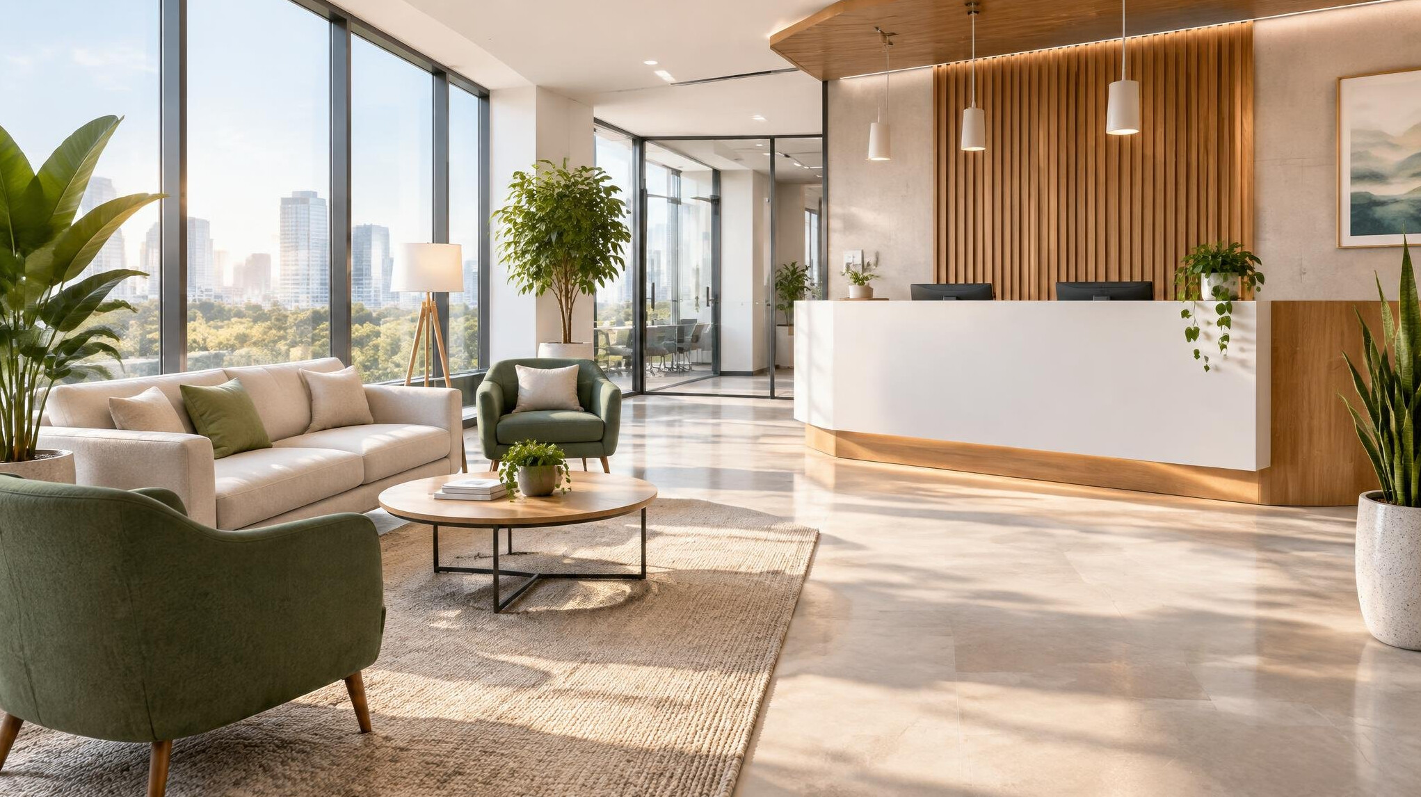 Bright modern office reception area with seating