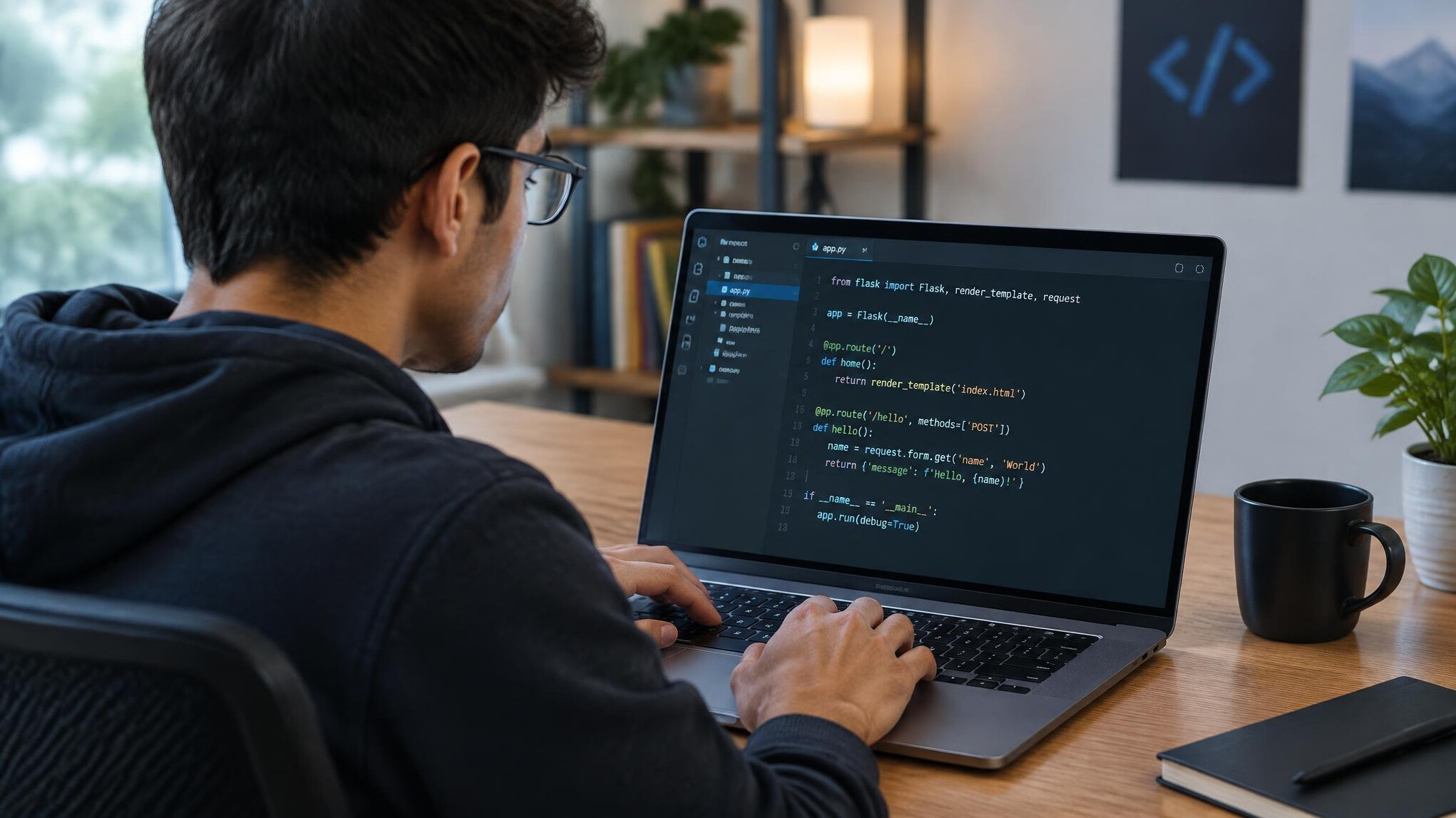 person coding on laptop
