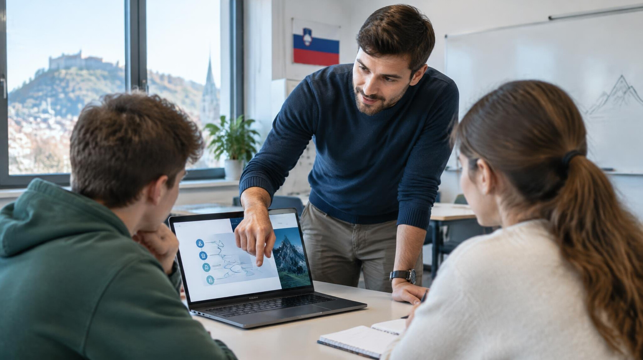 Mentor explaining a concept to a small group of students